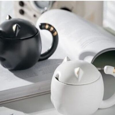 Tazza da caffè in ceramica Creative Cat con coperchio e cucchiaio da 300 ml in confezione regalo - TK-623