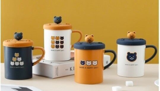 Neue niedliche Bären-Keramiktasse mit Deckel und Löffel 460 ml - TK-635