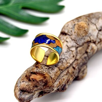 Anello con motivi a cera blu arancio su anello regolabile in ottone dorato con oro fino