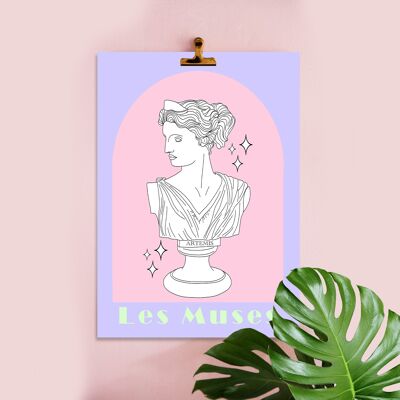 54- Greek Goddess Illustration, Art Print, Pastel colours, Les Muses, Apollo Bust, Artemis, Contempoary Word art A4