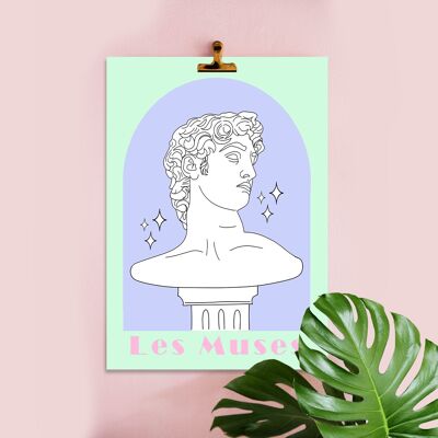 53- Greek God Illustration, Art Print, Pastel colours, Les Muses, Apollo Bust, Mid Century Modern, Contempoary Word art, A2