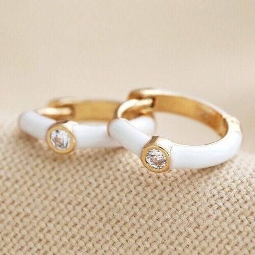 White Enamel Crystal Huggie Hoop Earrings in Gold