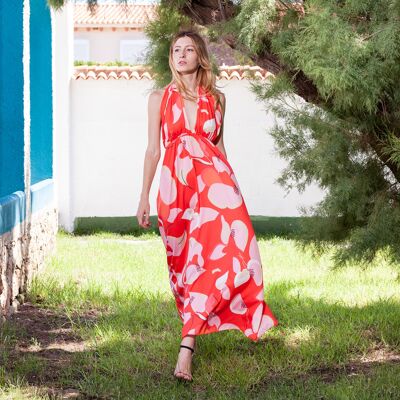 SUTTON SUMMER LONG RED DRESS WITH PRINTED FIGURES