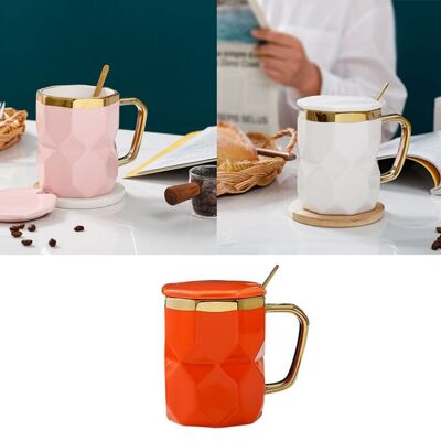 Taza de cerámica con tapa y cuchara, en 3 colores. TK-653