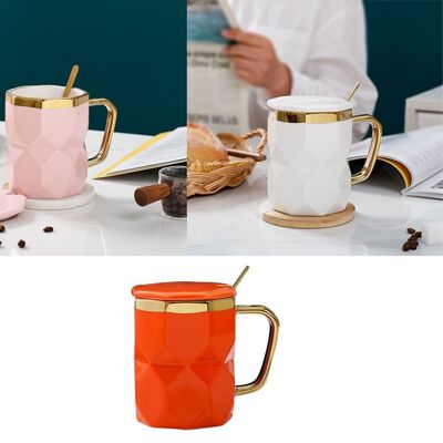 Ceramic mug with lid and spoon, in 3 colors. TK-653