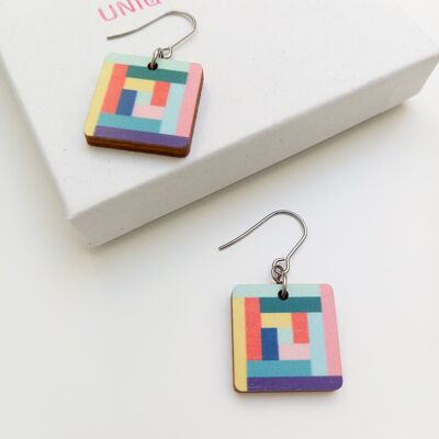Space Colourful Square Wooden Drop Earrings