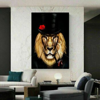 Toile Abstraite Lion Chapeau Animaux Photos Décoration Murale - Format Portrait - 100 x 75 cm 5