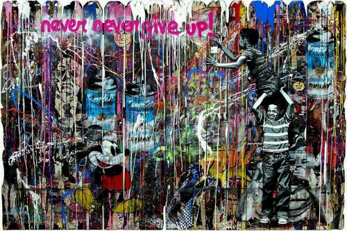 Pop Artnever give up Micky Leinwand Bilder Wandbilder - Querformat - 90 x 60 cm