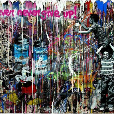 Pop Artnever give up Micky Leinwand Bilder Wandbilder - Querformat - 120 x 90 cm