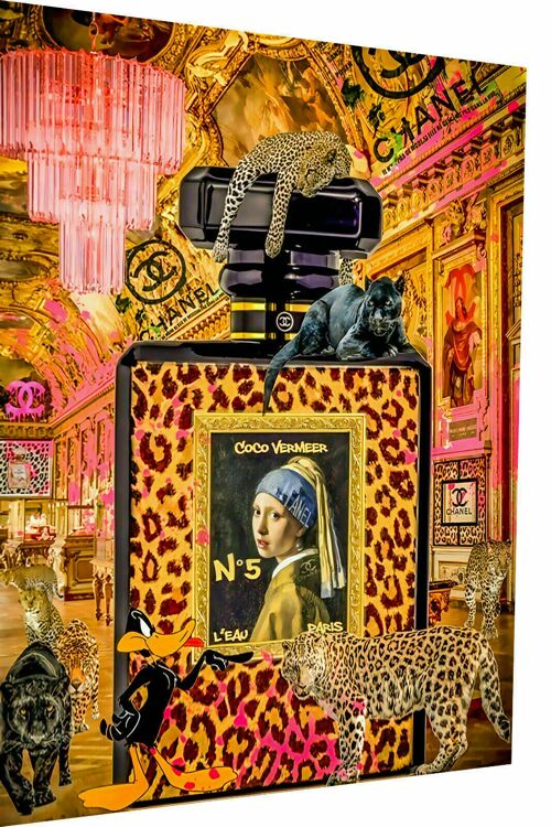 Pop Art Parfum Leopard Leinwand Bilder Wandbilder - Hochformat - 120 x 90 cm