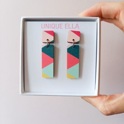 Treat Colourful Wooden Statement Dangle Earrings Green/Pink