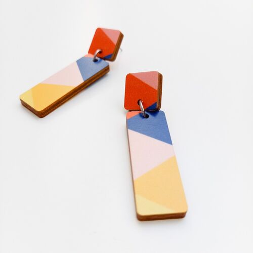 Treat Colourful Statement Wooden Dangle Earrings Orange/Blue