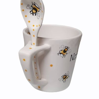 Bee Design Snack Mug and Spoon - Mug and Spoon  - Pasta Mug - Bee Mug - Office Mug - Secret Santa - Personalised Mug - Lunch Mug - Porridge