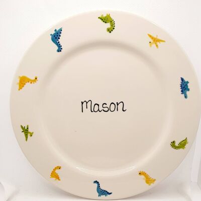 Dinosaur Plate - 10 inch diameter  - Handpainted  - Birthday Gift  - Christmas Gift  - Gift for Boy - Gift for Girl - Personalised Plate
