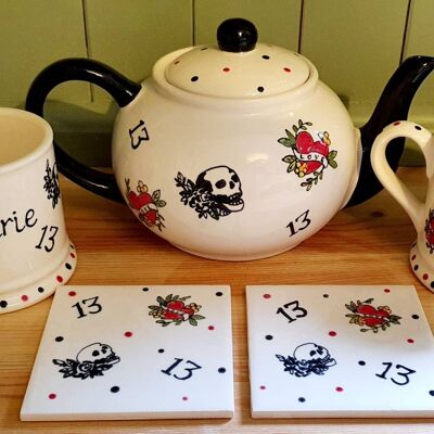 Skull/hearts/tattoo Design Tea Set - Teapot - 13 - coasters  - Afternoon Tea set- wedding gift- Halloween tea set - personalised gift - goth
