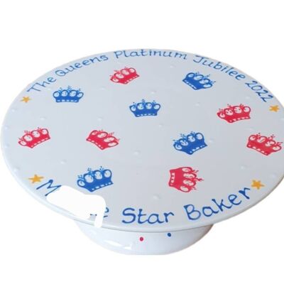 Queens Jubilee Stand - Platinum Jubilee - crowns -  Handpainted - Birthday - Personalised - ceramic cake stand - blue and red crowns