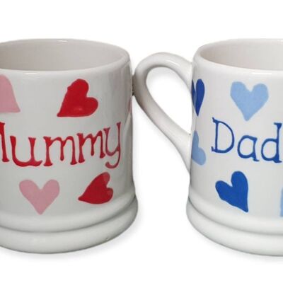 Handpainted mummy and Daddy mugs - set of 2 - New Parents Gift  - hearts  - valentines day - mummy mug - Daddy Mug- mothers day - fathers da