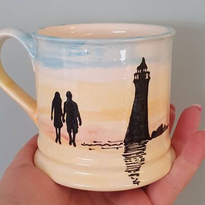 Sunset Mug - Couple walking on beach - Lighthouse - Anniversary Mug - Wedding Gift - Black Silhouette Couple - Beach Mug - Personalised Mug