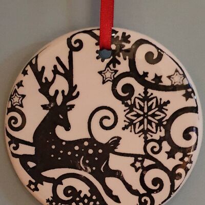 Stag Christmas Decoration- Reindeer  - silkscreen - tree decoration - Personalised Bauble- Monochrome- Stag - handpainted - nordic
