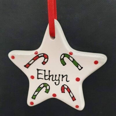 Personalised Christmas tree decoration - candy cane decoration - star - ceramic tree decoration - 1st Christmas
