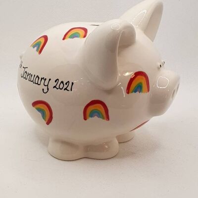 Personalised Piggy Bank -  christening gift - baptism - new baby gift -  birthday  - rainbow design -  ceramic piggy bank - Money Bank