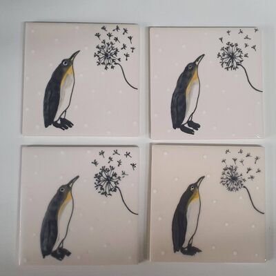 Penguin Coasters - Wish - Dandelion - Christmas Coasters - Set of 4 Coasters - Ceramic Coasters - Gift gor Christmas  - Handpainted