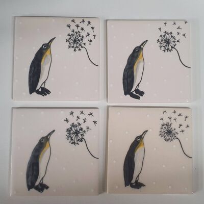 Penguin Coasters - Wish - Dandelion - Christmas Coasters - Set of 4 Coasters - Ceramic Coasters - Gift gor Christmas  - Handpainted