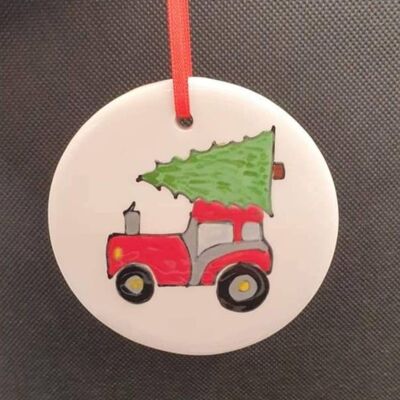 Christmas Decoration  - Ceramic  - Tractor and Tree Decoration  - Farm Christmas  - Tractor Christmas Decoration  - Rustic - Handpainted