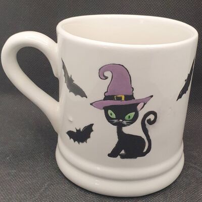 Handpainted - Witches Cat - Bats - Halloween Mug - Black Cat Mug - Personalised Mug - Cat wearing hat - Birthday Gift