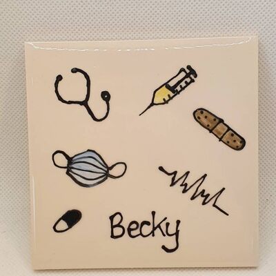 Medical Theme Coaster - NHS Gift - Doctor - Nurse - Personalised  - 4 inch Coaster  - Birthday Gift - Handpainted - thank you