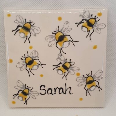 Bee Coaster - Personalised  - 4 inch Coaster - Square Coaster  - Birthday Gift - Handpainted - Bees - Easter Gift