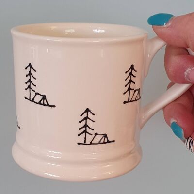 Handpainted - camping mug - tent and tree design- monochrome - camper  van gift - traveller - camping - outdoors - wilderness - Birthday