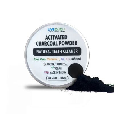 Poudre de charbon de noix de coco activée (infusée de vitamines et d'aloe vera) (50 utilisations)