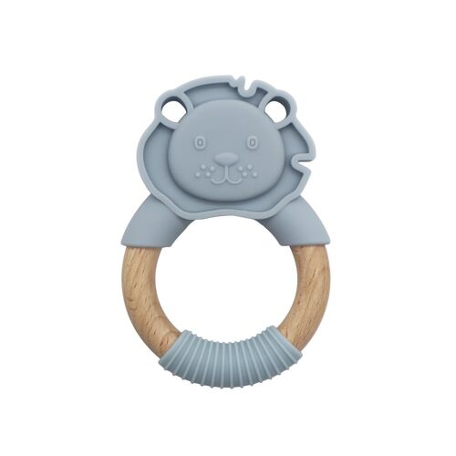 Baby Lion silicone teether with wooden handle Dusty Blue