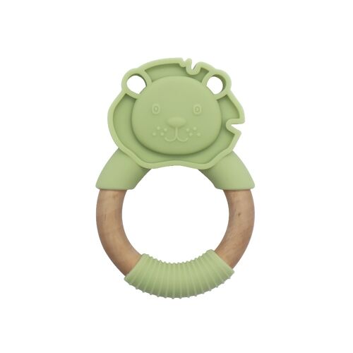Baby Lion silicone teether with wooden handle Olive