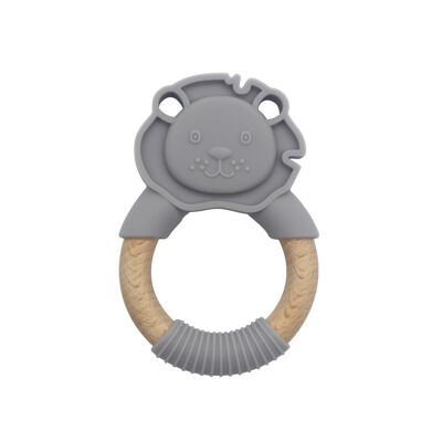 Baby Lion silicone teether with wooden handle Gray