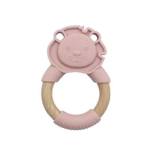 Baby Lion silicone teether with wooden handle Pink