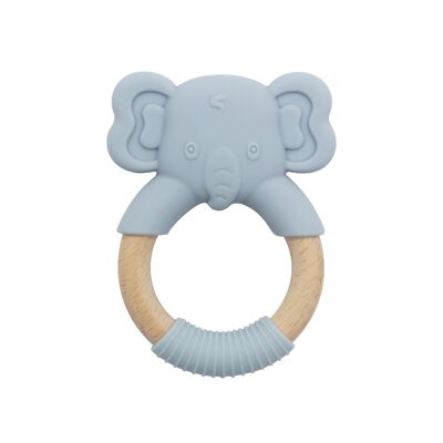 Baby Elephant silicone teether with wooden handle Dusty Blue