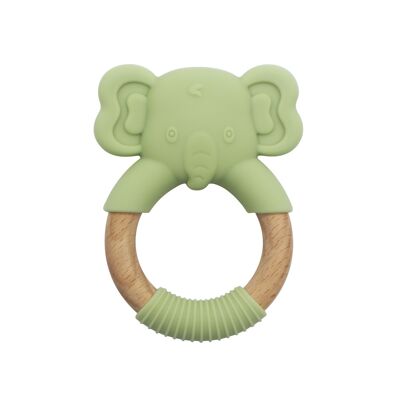 Baby Elephant silicone teether with wooden handle Olive