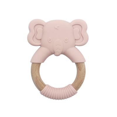 Baby Elephant silicone teether with wooden handle Pink