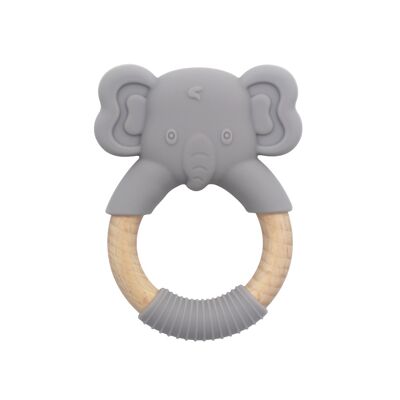 Baby Elephant Silikon-Beißring mit Holzgriff Grau