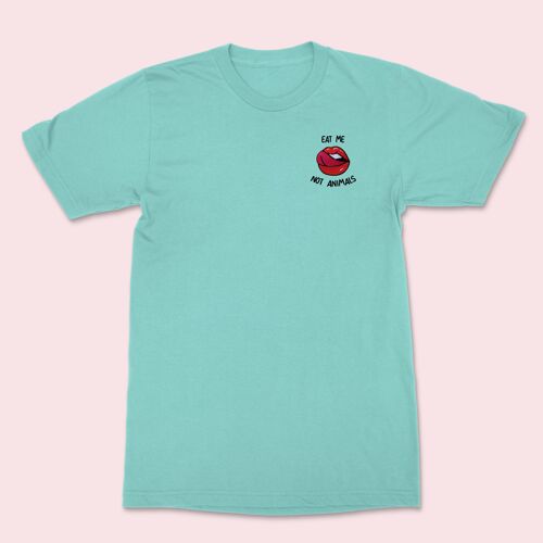EAT ME Not Animals Embroidered T-shirt Teal Monstera