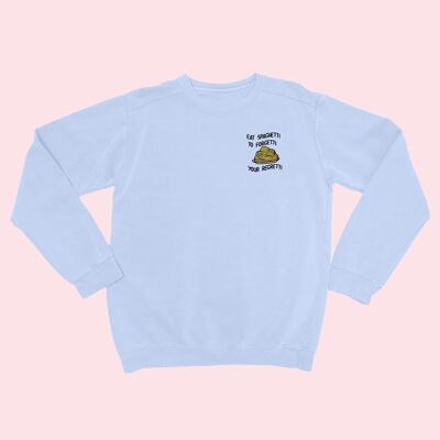 EAT SPAGHETTI Organic Embroidered Sweater Sky Blue