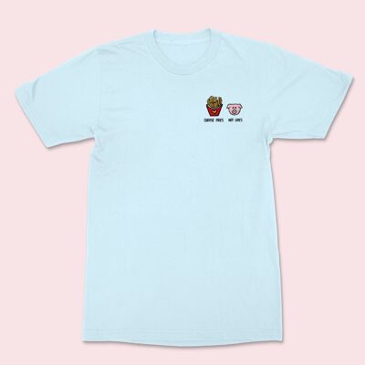 Wählen Sie das bestickte Unisex-T-Shirt „Fries Not Lives“ in Himmelblau