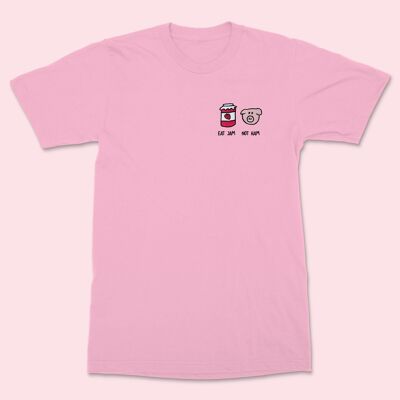 EAT JAM NOT HAM T-shirt unisex ricamata in cotone rosa