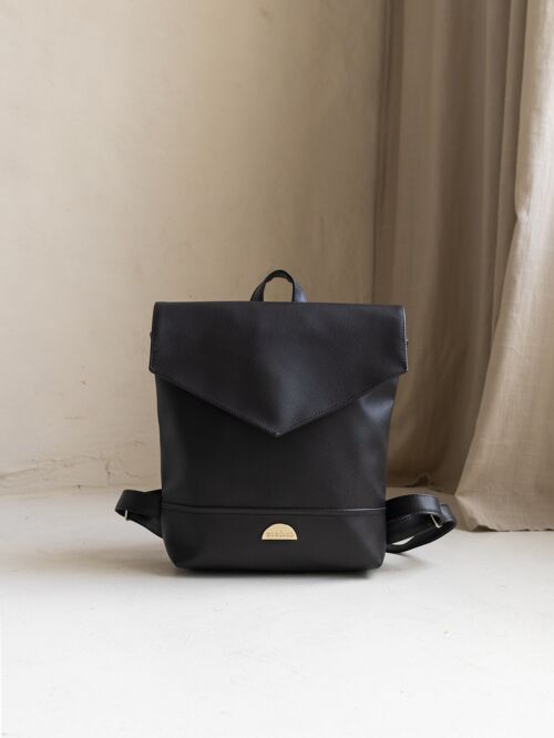 LENA Black Vegan-Leather Minimalist Backpack