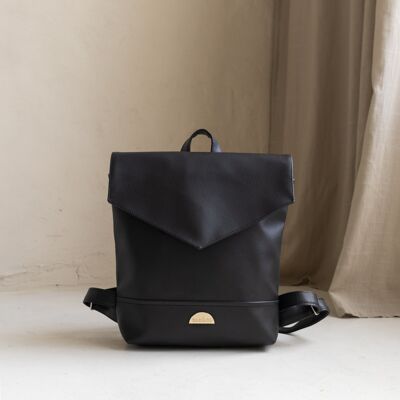 LENA Black Vegan-Leather Minimalist Backpack