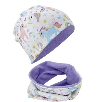 Children's winter beanie hat & loop scarf set - unicorn - fleece inside