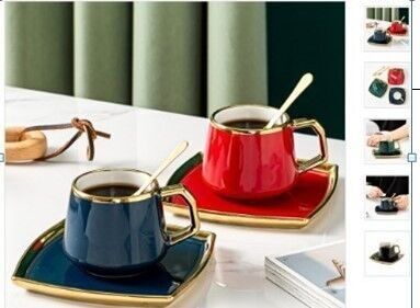 Teetassenset mit quadratischem Teller und Löffel