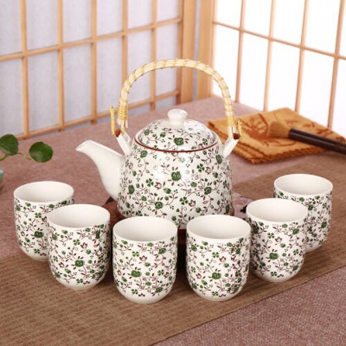 Ceramic tea service set with 6 cups and teapot with bamboo handle in gift box. TK-240B